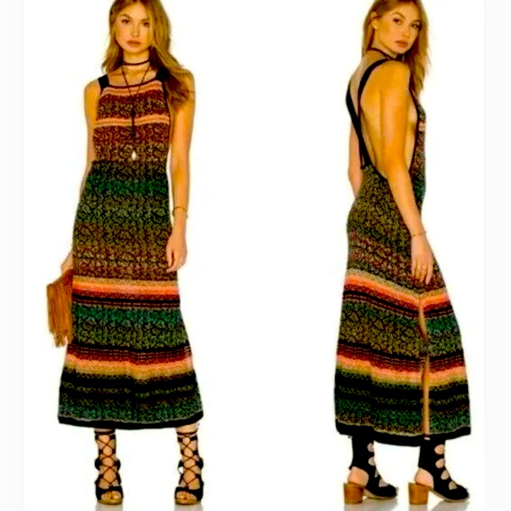 Free People Green Multicolor Striped Backless Maxi